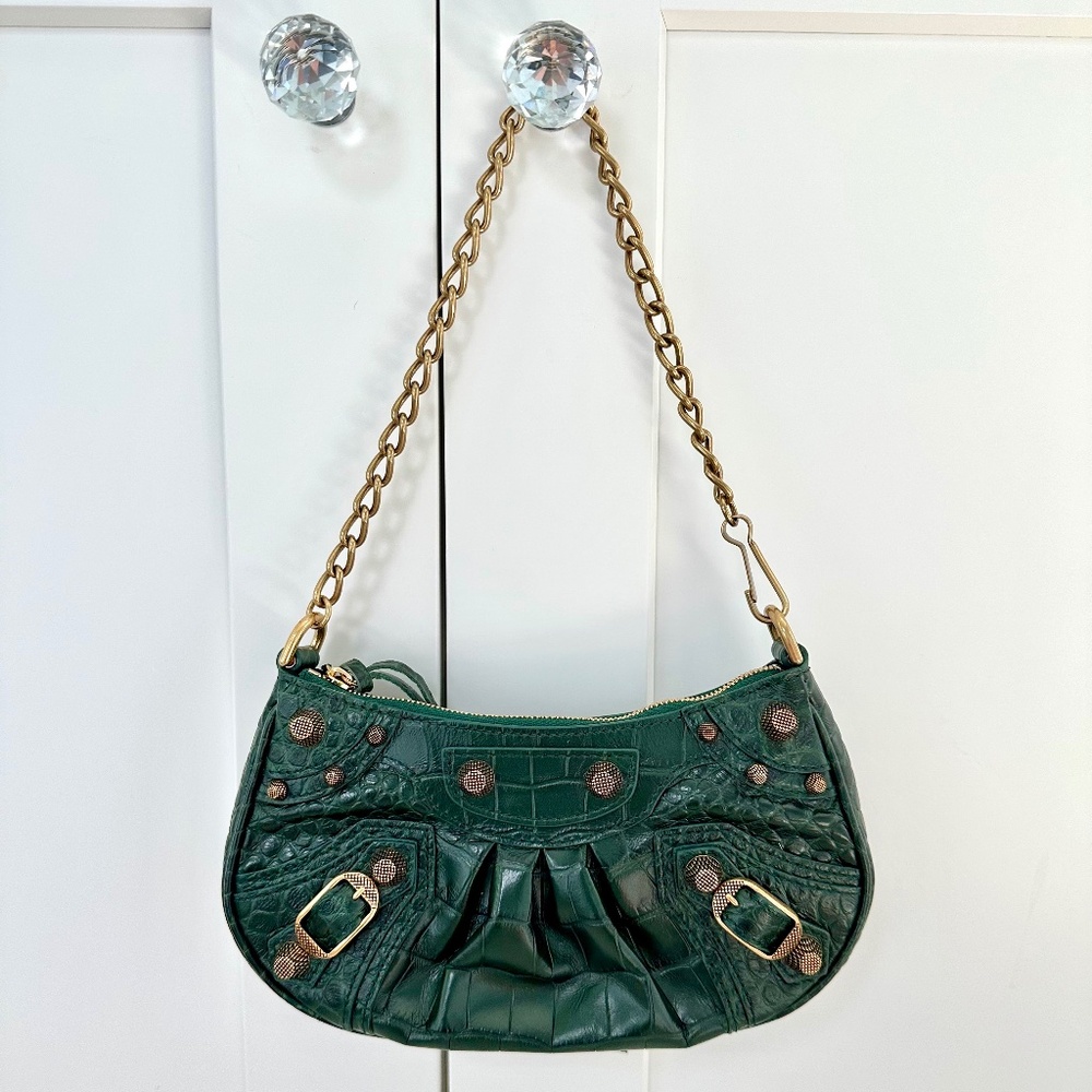 Balenciaga Green Croc Embossed Leather Mini Le Cagole Shoulder Bag (NEW!)